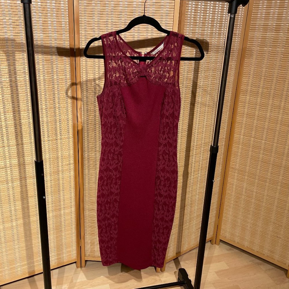 Maroon sleeveless bodycon Midi dress with lace detail